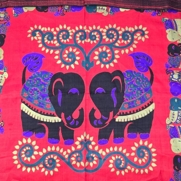 Vintage Thai Silk Elephant Scarf Vibrant Red & Black Design Taiwan - Picture 5 of 16